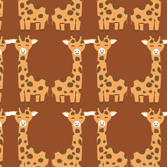 baby giraffe seamless pattern on brown background. Vector illustration in hand drawn style. 