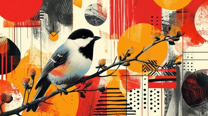  a bird perched on a tree branch in front of a background of orange and black circles and circles with dots and dots on the branches of the branches and in the foreground. - obrazy, fototapety, plakaty