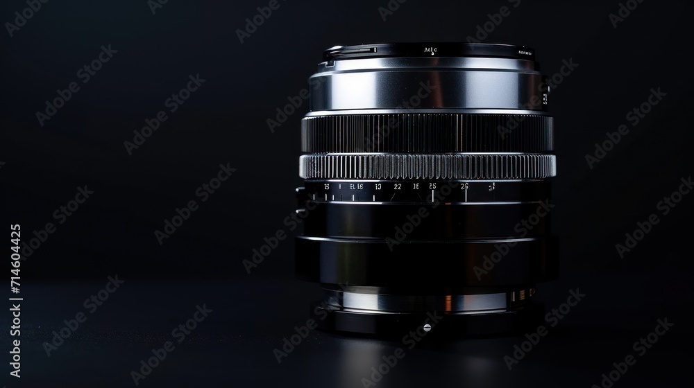 Poster a close up of a camera lens on a black background with a reflection of the lens on the side of the l