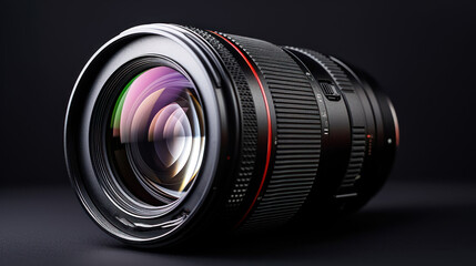  a close up of a camera lens on a black background with a red and green stripe on the bottom of the lens and a red and white stripe on the top of the lens.