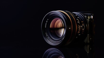  a close up of a camera lens on a black surface with a reflection of the lens on the surface and the lens on the back side of the camera lens.