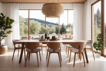 Fototapeta premium Scandinavian interior home design of modern dining room with wooden dining table and chairs with wooden furniture and ornamental plants
