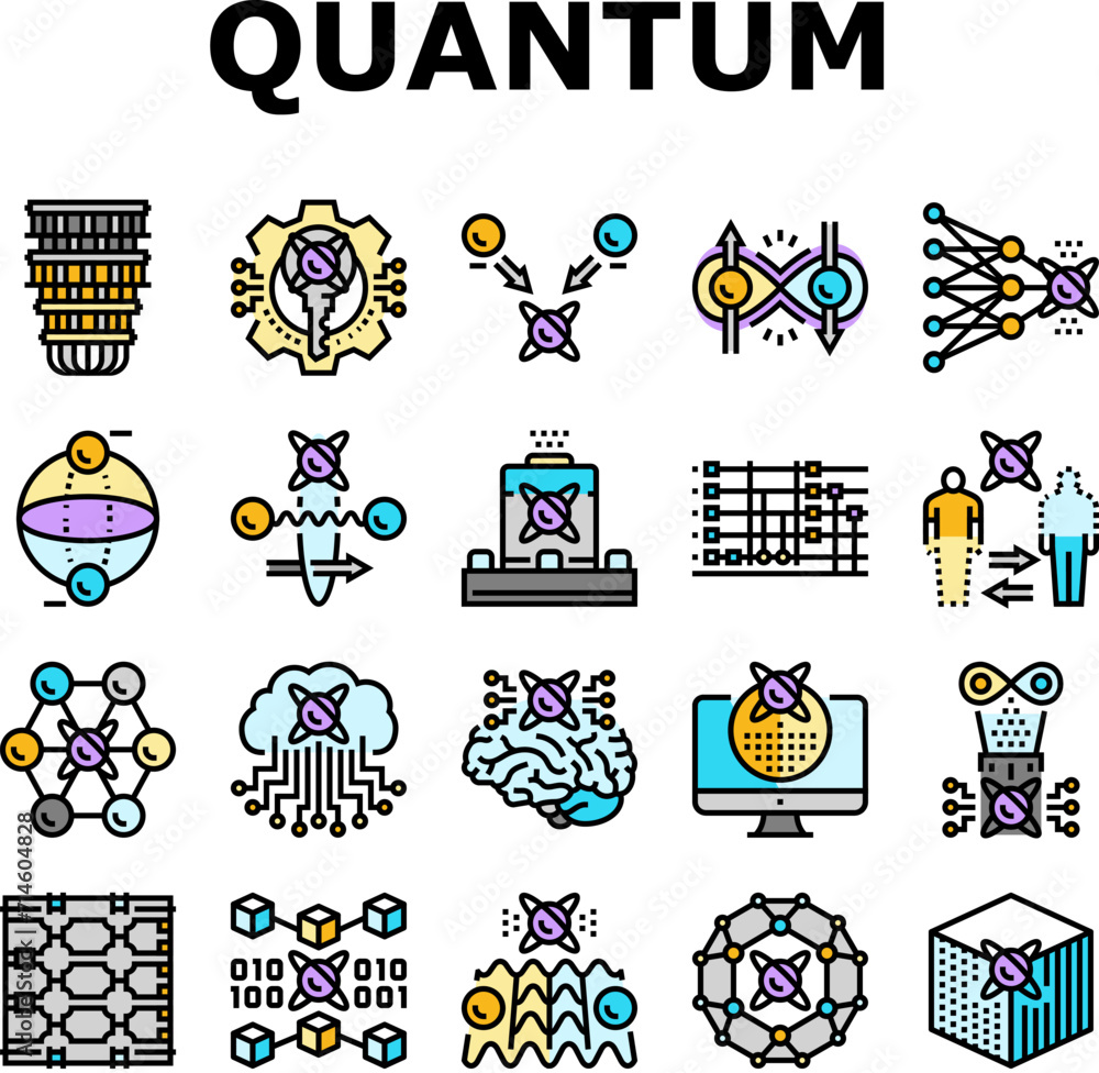 Poster quantum technology data science icons set vector. computer tech, abstract ai, network cyber, chip se