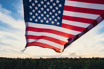 Waving American Flag on sun Background. Flag of the united states of America. July 4th Independence...