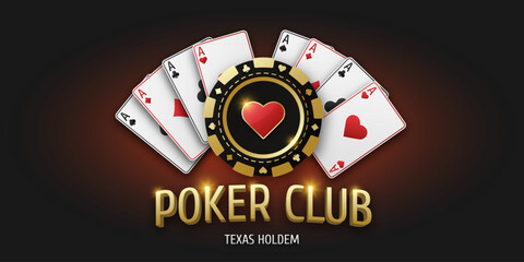 Poker Club. Realistic playing token chips hearts and playing ace cards of all suits. Gambling coin with suit hearts. Banner for web app or site. Vector poster for championship.