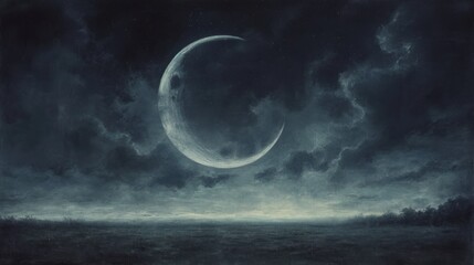  a painting of a crescent moon in a cloudy night sky over a field with trees and a body of water in front of a dark cloudy sky with dark clouds.