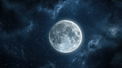  a full moon in the middle of a night sky with clouds and stars in the foreground and a dark blue sky with white clouds and stars in the background.
