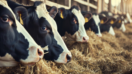 Group of cows at cowshed eating hay or fodder on dairy farm. Generative AI - obrazy, fototapety, plakaty
