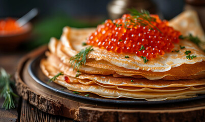 Wide pancake week Maslenitsa or Shrovetide. russians pancake and Red caviar,  - obrazy, fototapety, plakaty