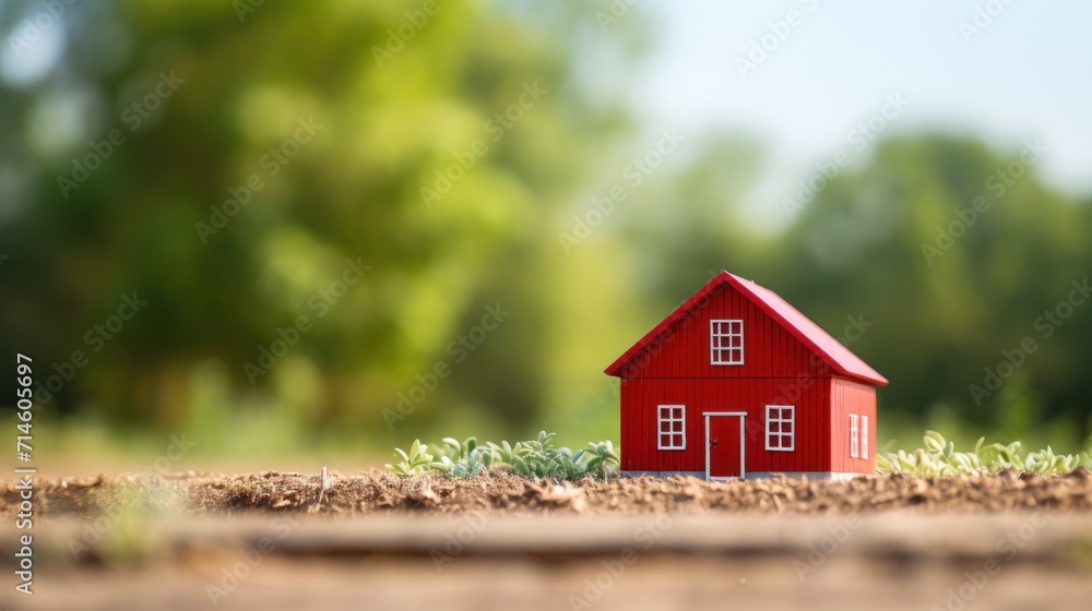 Poster a small red house sitting in the middle of a field with grass and trees in the backgrouds of the pic