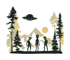 aliens in forest, mountains vector