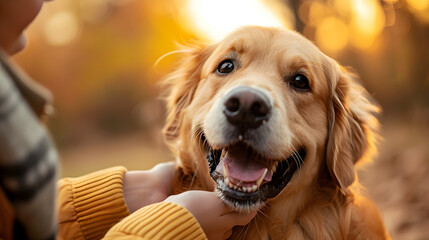golden retriever dog, a friendly Golden Retriever joyfully greeting its owner with a wagging tail and a big smile, showcasing its loving and sociable nature - obrazy, fototapety, plakaty