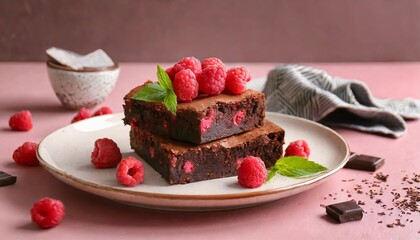 plate with pieces of raspberry chocolate brownie on pink background