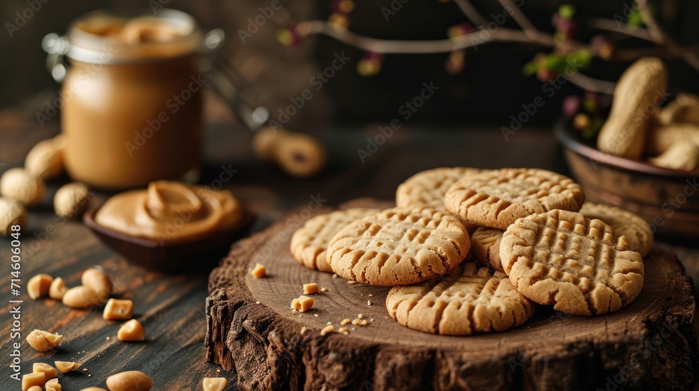 Poster a pile of peanut butter cookies sitting on top of a wooden table next to a jar of peanut butter and 