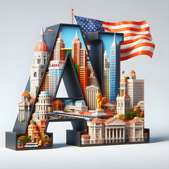 Realistic 3D letters Cities and landmarks of  United States of America. Real colors of buildings. With the letter Abbreviation 