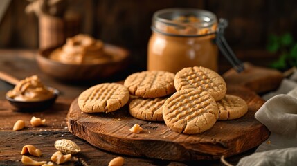  a pile of peanut butter cookies sitting on top of a wooden cutting board next to a bowl of peanut butter and a jar of peanut butter on a wooden table.