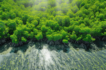 Green mangrove .  Mangrove ecosystem. Natural carbon sinks. - obrazy, fototapety, plakaty