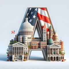 Realistic 3D letters Cities and landmarks of  United States of America. Real colors of buildings. With the letter Abbreviation "A" and the flag on a white background. Generative Ai.