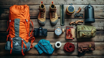Top view of Outdoor travel equipment planning for a mountain trekking camping trip on wooden background - obrazy, fototapety, plakaty