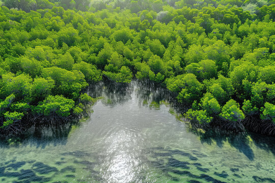 Green mangrove .  Mangrove ecosystem. Natural carbon sinks.