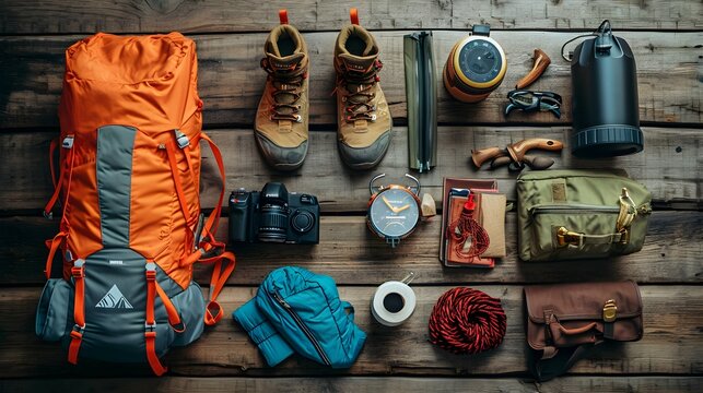 Top view of Outdoor travel equipment planning for a mountain trekking camping trip on wooden background