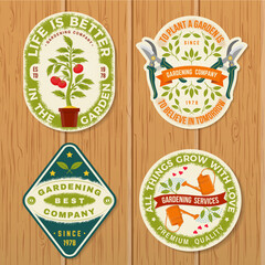 Set of gardening and yard work services emblem, label, patch, sticker. Vector illustration. For sign, patch, shirt design with hand secateurs, garden pruner, watering can, gardening equipment