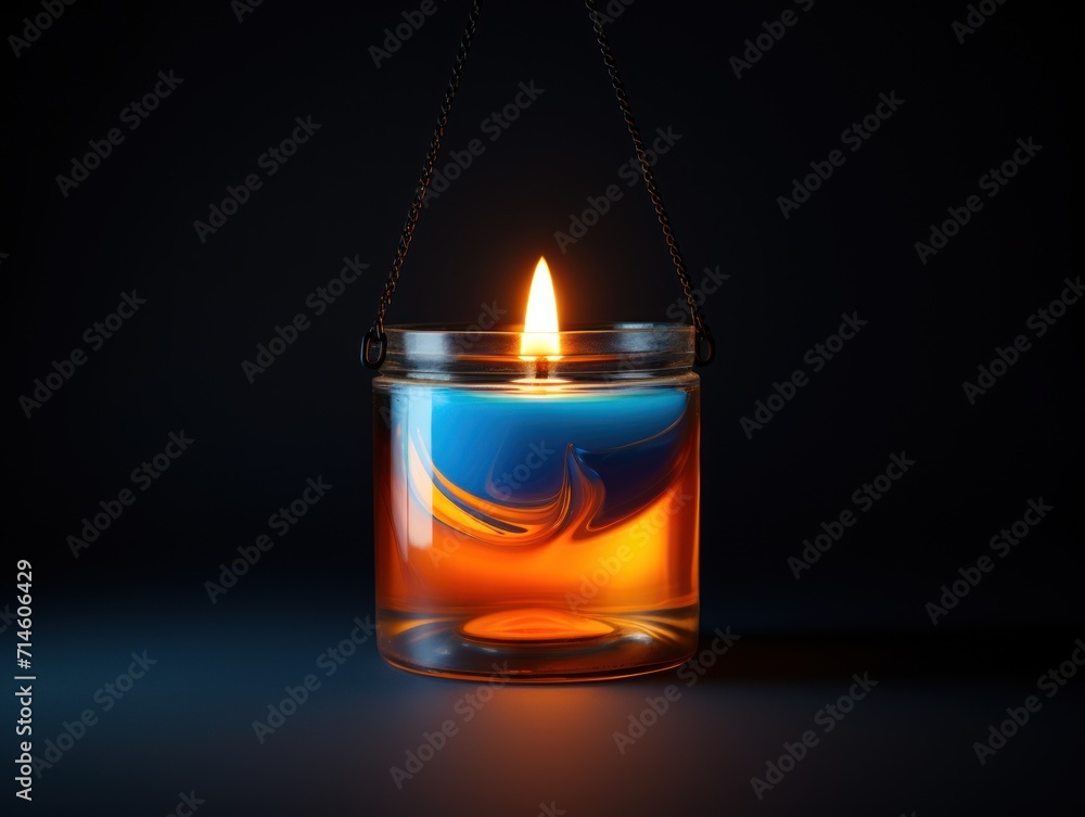 Poster a lit candle in a glass jar on a dark background with a string hanging from the top of the jar and a