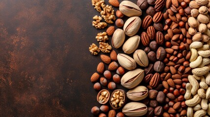 Background with different nuts. Top view of various nuts