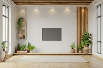 Mockup a TV wall mounted with armchair in living room with a white wall.3d rendering. genrative ai.