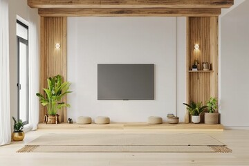 Mockup a TV wall mounted with armchair in living room with a white wall.3d rendering. genrative ai.