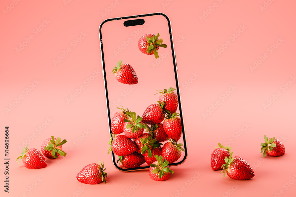 Poster 3d rendering of mockup smartphone with strawberries