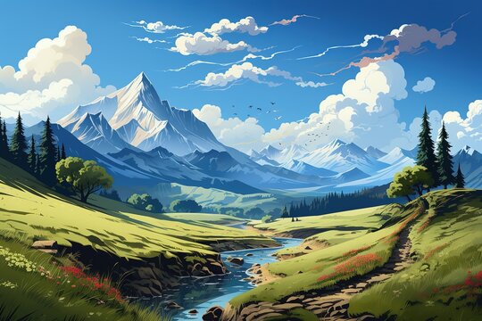 Beautiful Mountain landscape with mountains and clouds.