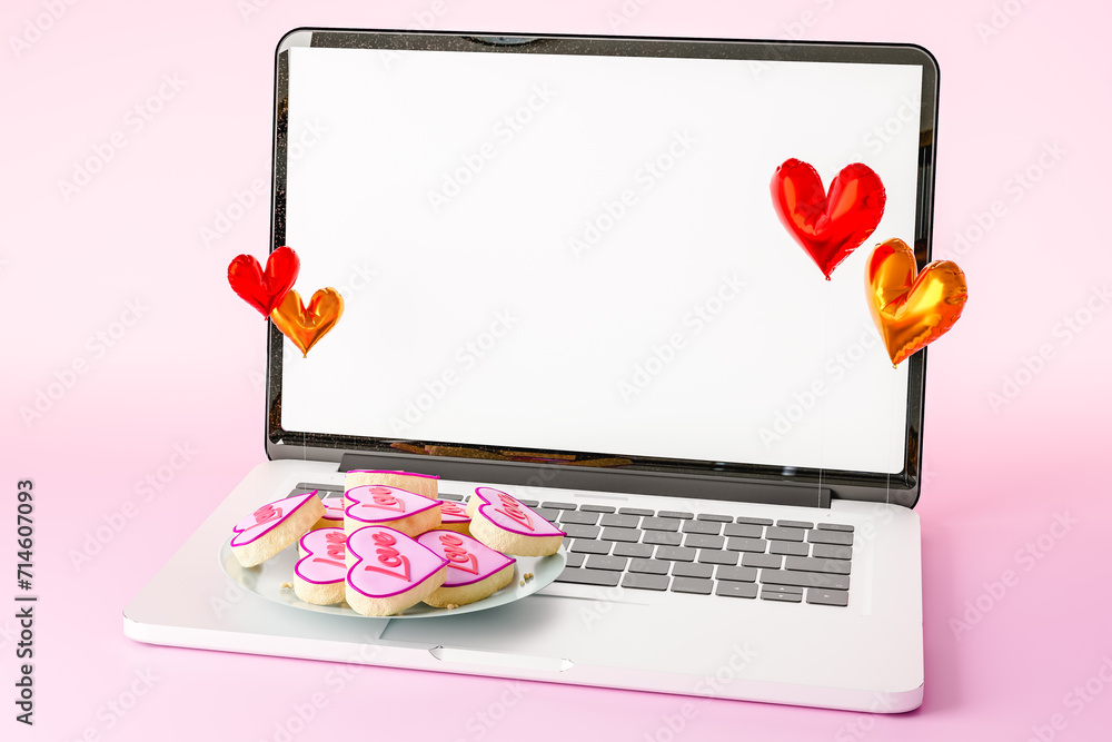 Poster 3d rendering of open laptop cookie with heart shaped