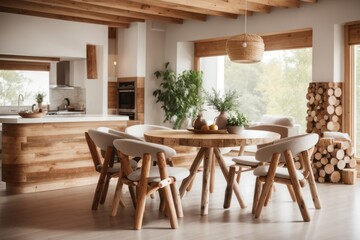 Rustic interior home design of modern dining room with wooden dining table and chairs with handmade wooden furniture, forest view from the window