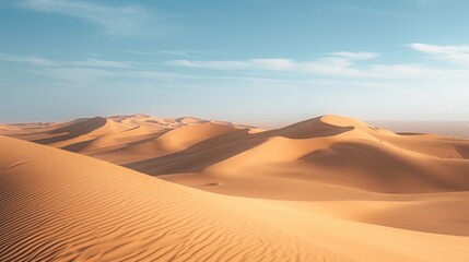 Fototapeta na wymiar a group of sand dunes in the desert under a blue sky with a few wispy clouds in the distance, with a few trees in the foreground.