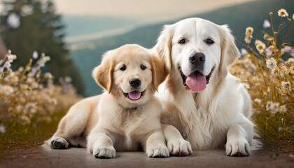 happy golden retriever puppy and adult dog on background
