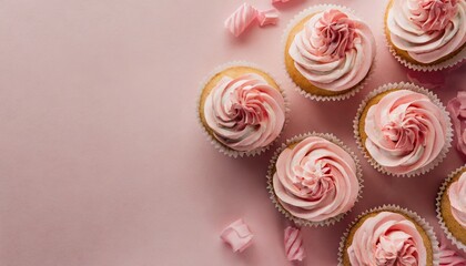 top view of cupcakes with pink buttercream frosting on pink background with copy space ai generated - obrazy, fototapety, plakaty
