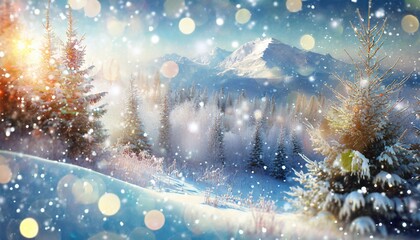 Fototapeta na wymiar mysterious winter landscape majestic mountains in winter magical winter snow covered tree photo greeting card bokeh light effect soft filter