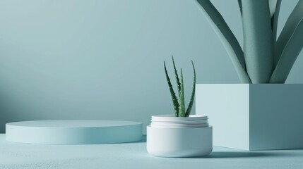  a potted plant sitting on top of a table next to a white container with a green plant in it and a white box on the side of the table.
