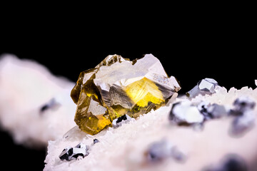yellow gemmy sphalerite with galena on white dolomite (Krushev Dol mine, Madan, Rhodope Mts....
