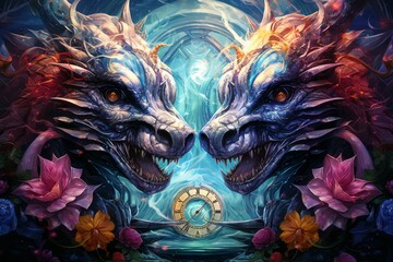 Whirling kaleidoscope dragons, casting mesmerizing patterns with their scales - Generative AI