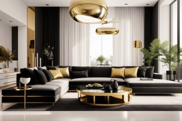 Hollywood interior home design of modern living room with black sofa and gold decoration luxury furniture