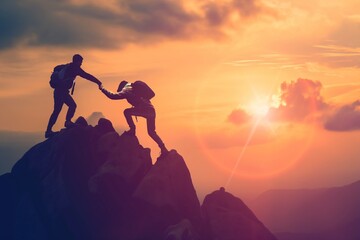 Silhouette two people helping each other hike up a mountain at sunrise or sunset. Giving a helping hand. Travel hiking journey concept. - obrazy, fototapety, plakaty