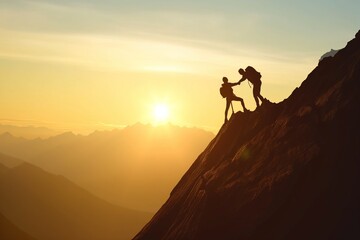 Silhouette two people helping each other hike up a mountain at sunrise or sunset. Giving a helping hand. Travel hiking journey concept. - obrazy, fototapety, plakaty