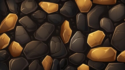 Fototapeta na wymiar Cobble pavement material: black and gold rock wall seamless pattern for designers