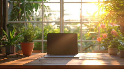 Fototapeta premium Serene Greenhouse Workspace at Sunrise