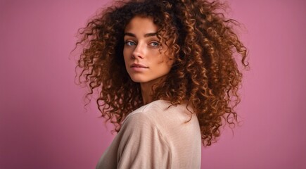 portrait of a fashion woman, curly hairs of a woman, portrait of a pretty young fashion model, pretty fashion girl in studio, curly haired woman - obrazy, fototapety, plakaty