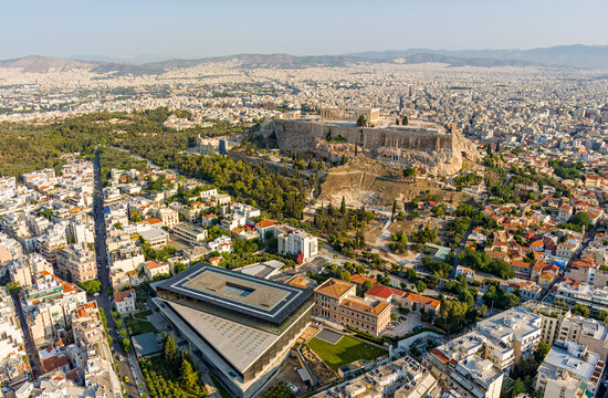 Athens, Greece. Acropolis Museum in the light of the morning sun. Summer. Aerial view