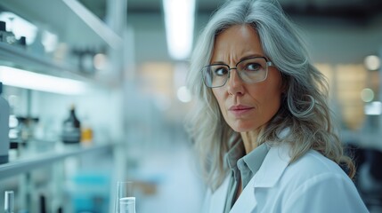 A seasoned female researcher with glasses in a well-equipped laboratory