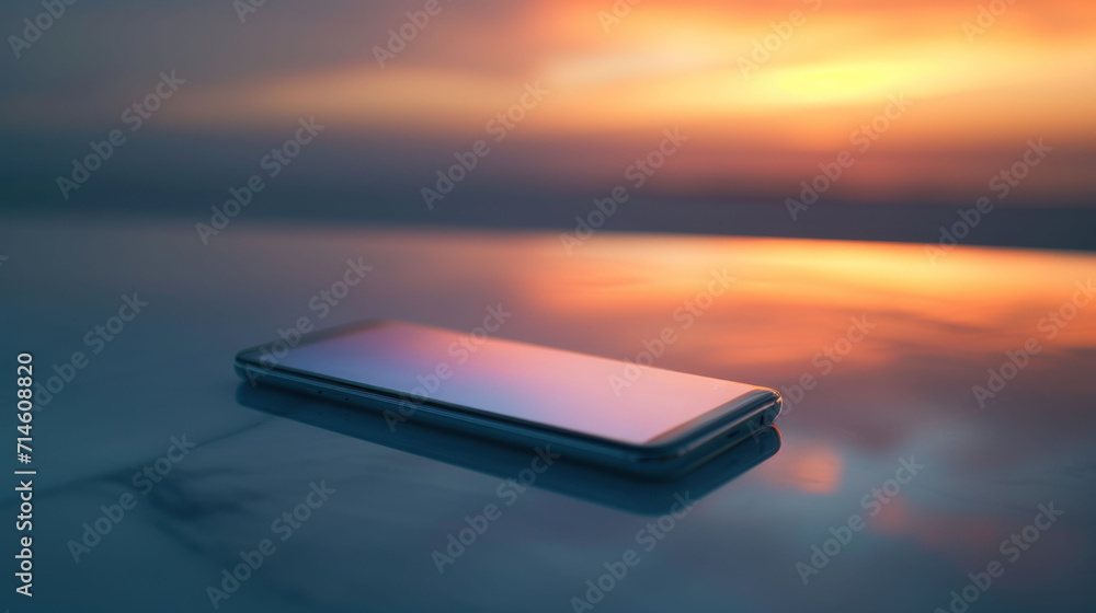 Poster a cell phone sitting on top of a table next to a light reflecting off of the surface of the table in